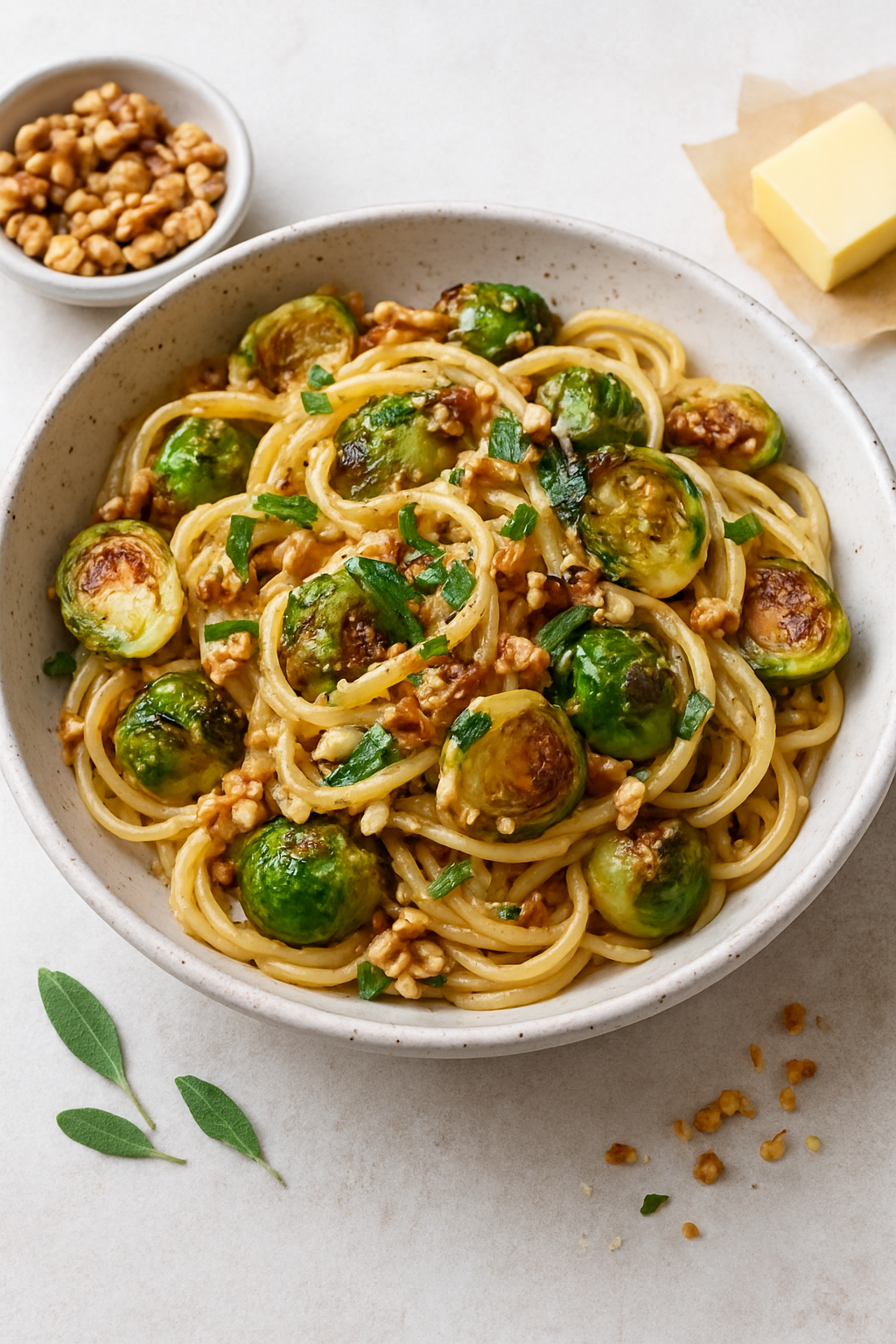 Pasta mit Walnuss-Salbei-Butter & gebratenem Rosenkohl – Schnelles Rezept für Berufstätige