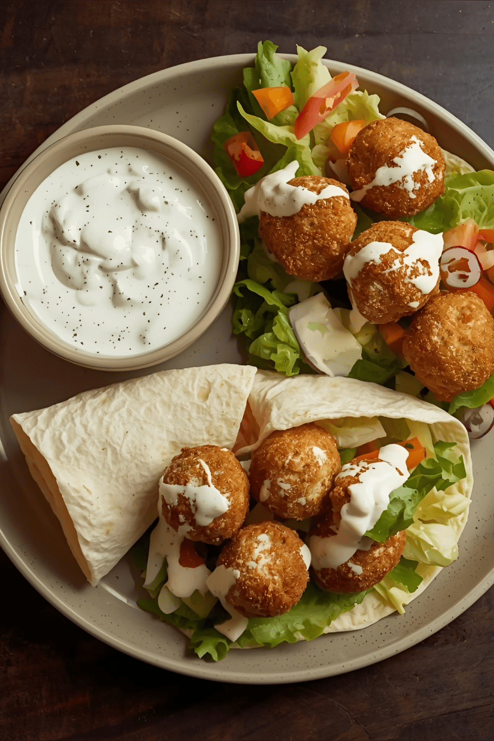 Linsenbällchen Wrap – schnelles, vegetarisches Rezept mit&nbsp;Joghurt-Dip