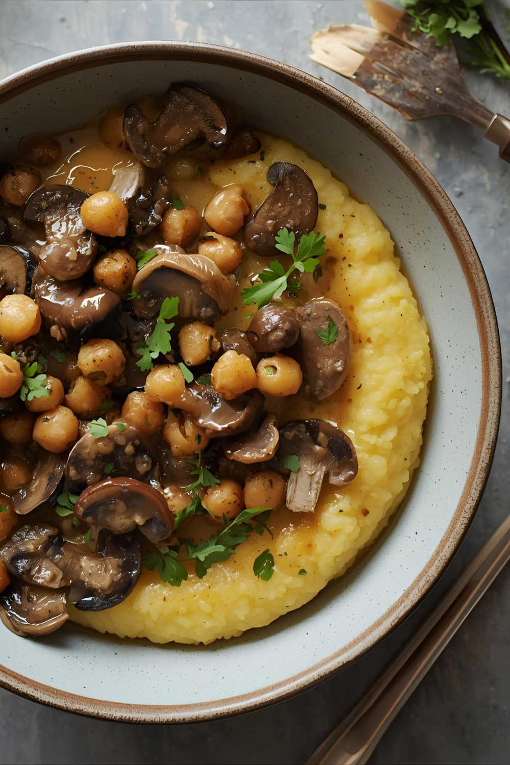 Cremige Polenta-Bowl mit Pilzen und Kichererbsen