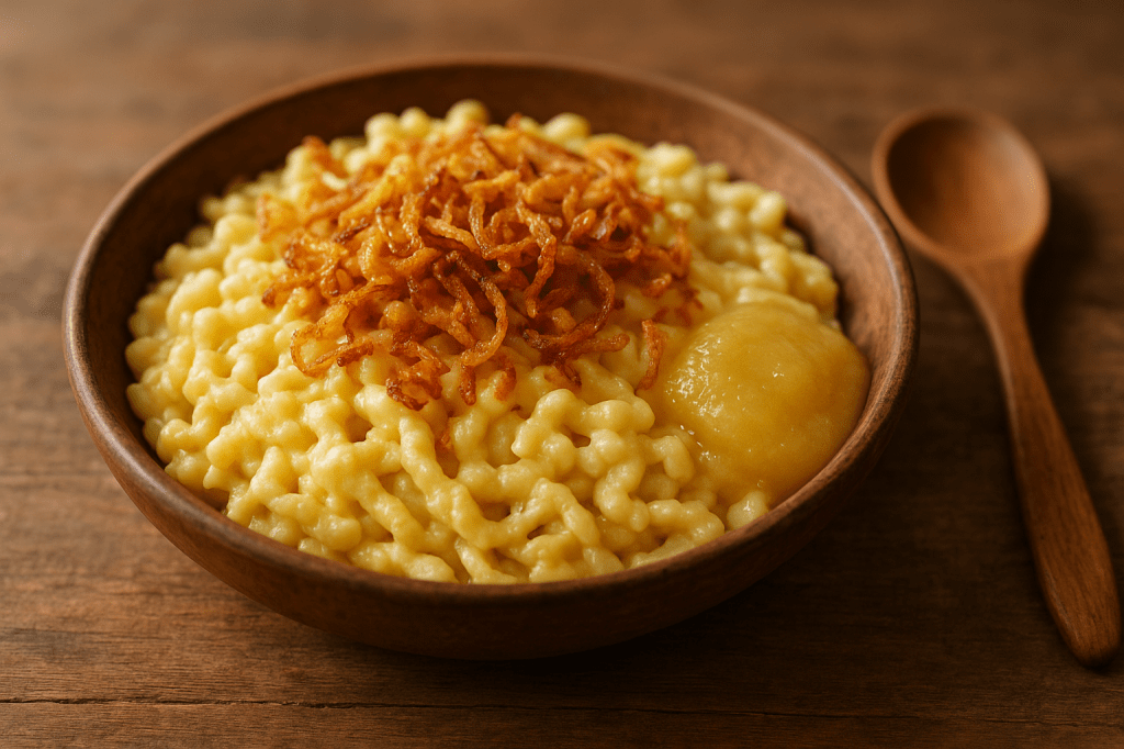 Käsespätzle mit Röstzwiebeln & Apfelmus – schnelles Rezept für Vielbeschäftigte