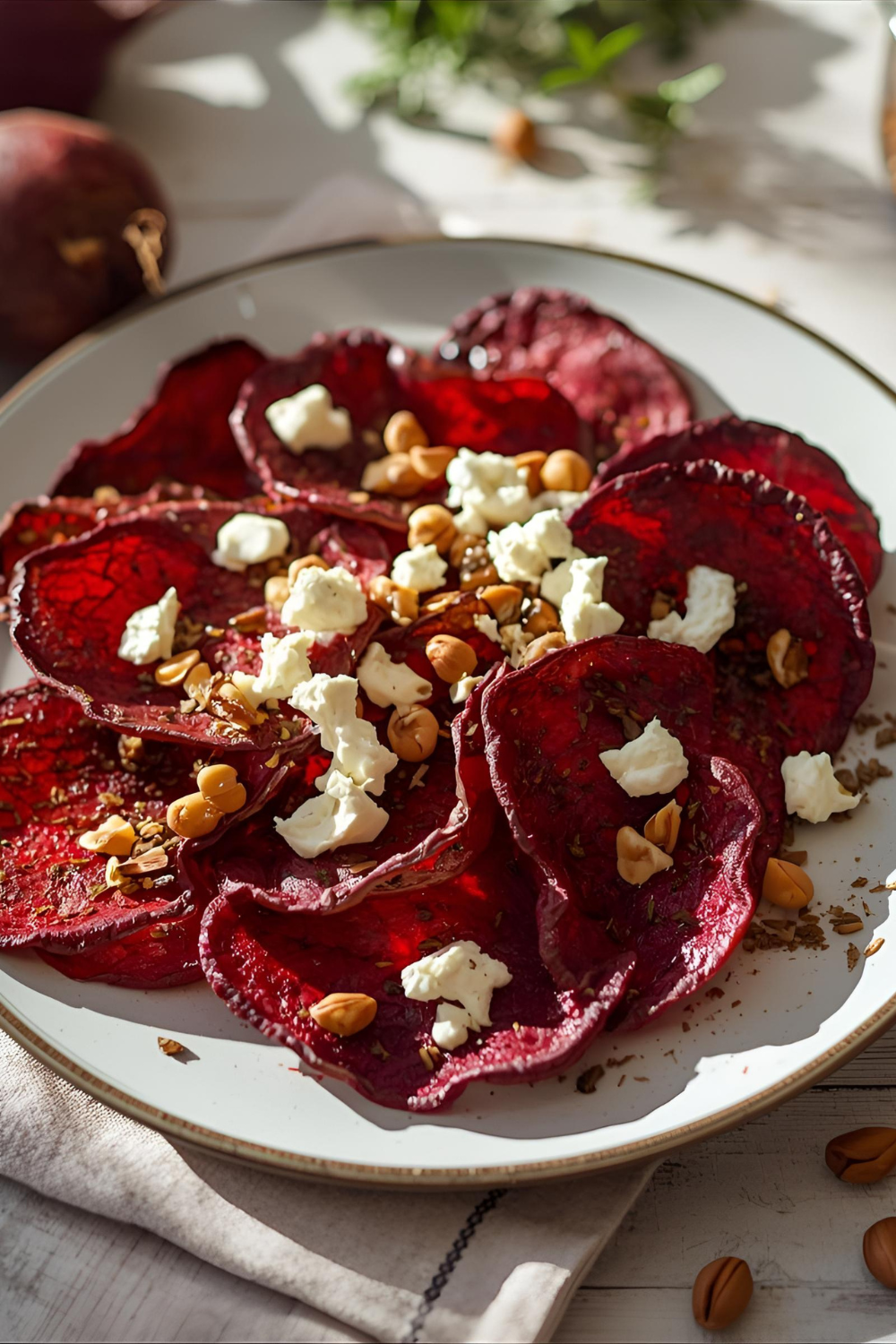 Geröstete Rote-Bete-Chips mit Ziegenkäse-Crunch – knuspriger Wintersnack mit Wow-Effekt