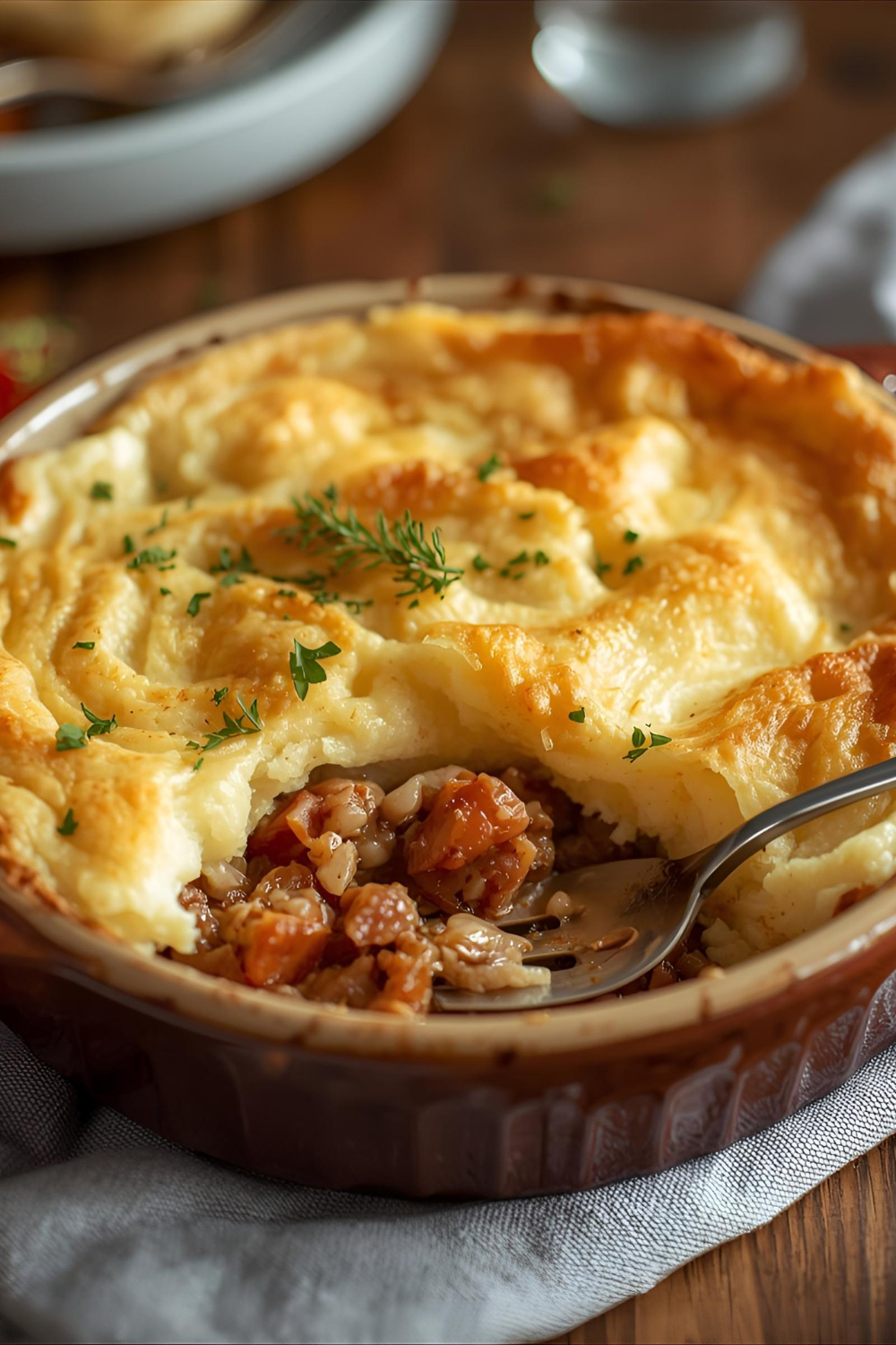 Shepherd’s Pie mit Sojagranulat und Kartoffelpüree-Haube