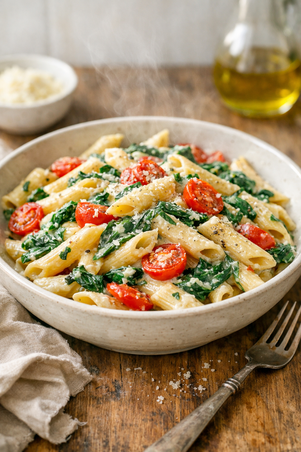 One-Pot Pasta mit Spinat, Cherrytomaten & Frischkäse – einfach, vegetarisch & cremig