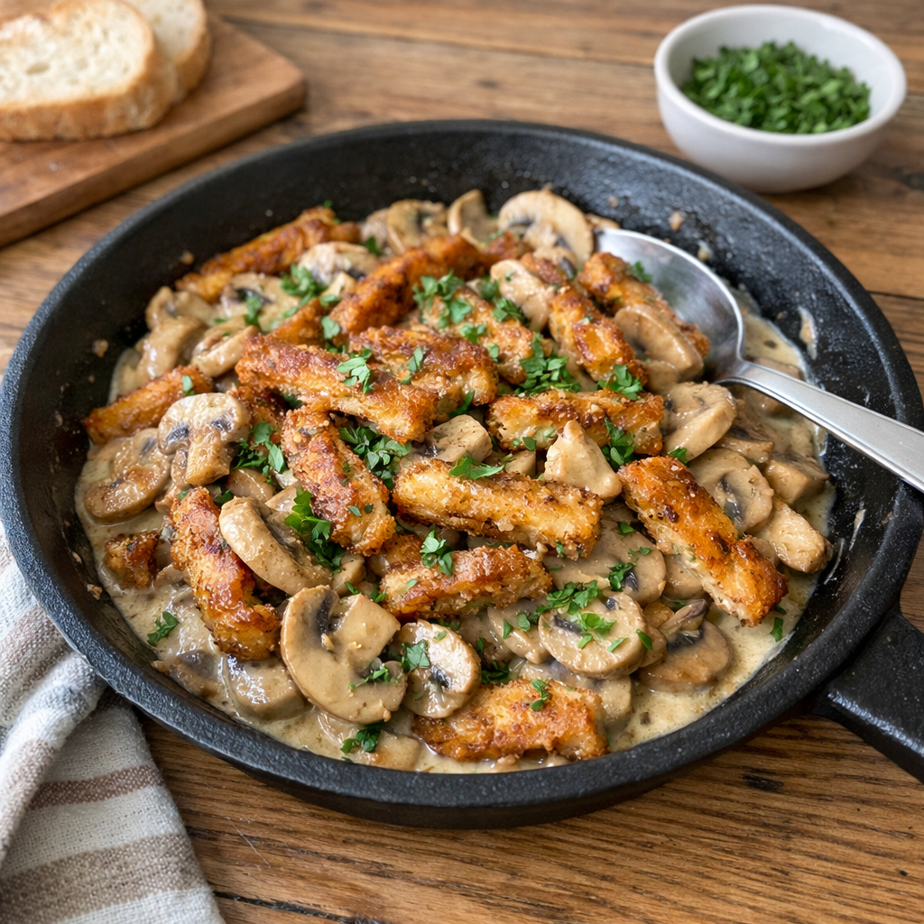 Vegetarische Schnitzelstreifen mit Pilzpfanne – cremiges Wohlfühlessen in 30 Minuten