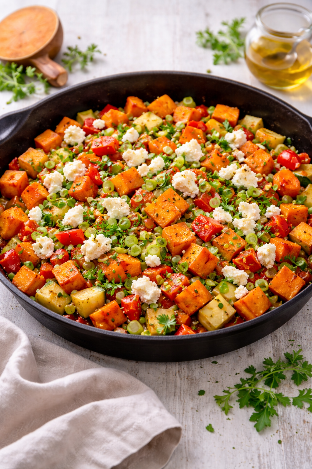 Süßkartoffel-Frühlingspfanne mit Feta – Genuss in 25 Minuten
