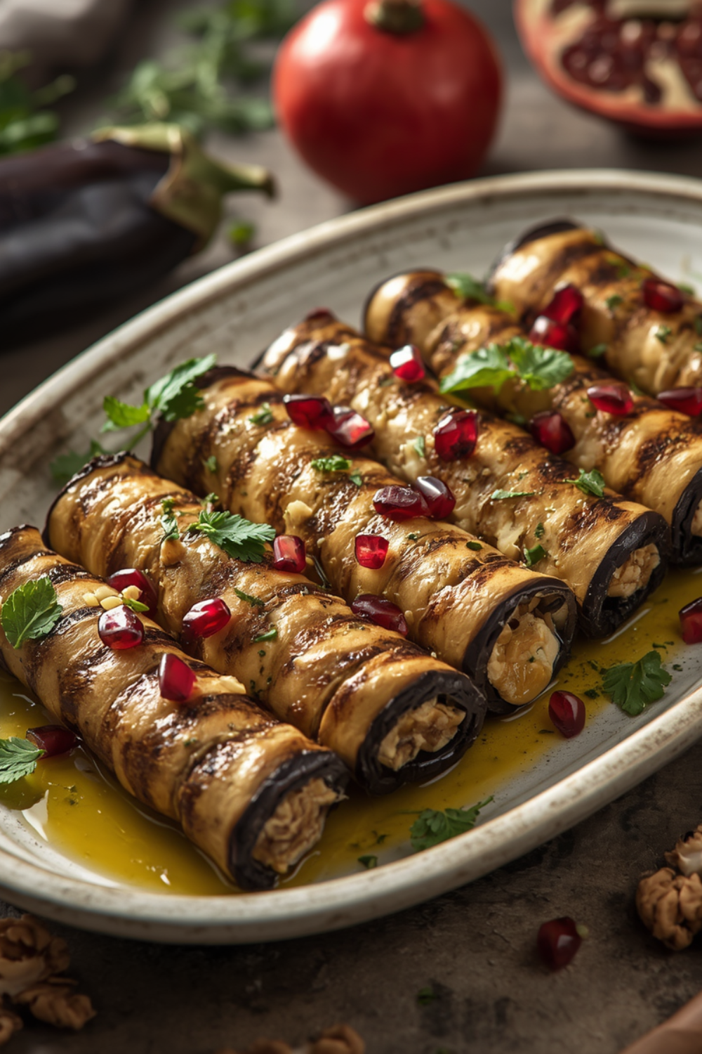 Gegrillte Auberginenröllchen mit Walnussfüllung – Mediterrane Vorspeise mit orientalischem Flair