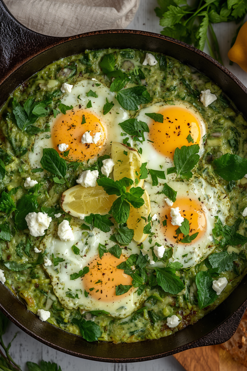 Grünes Shakshuka mit Spinat, Kräutern und Feta – Das frische Frühstücks- und Feierabendrezept
