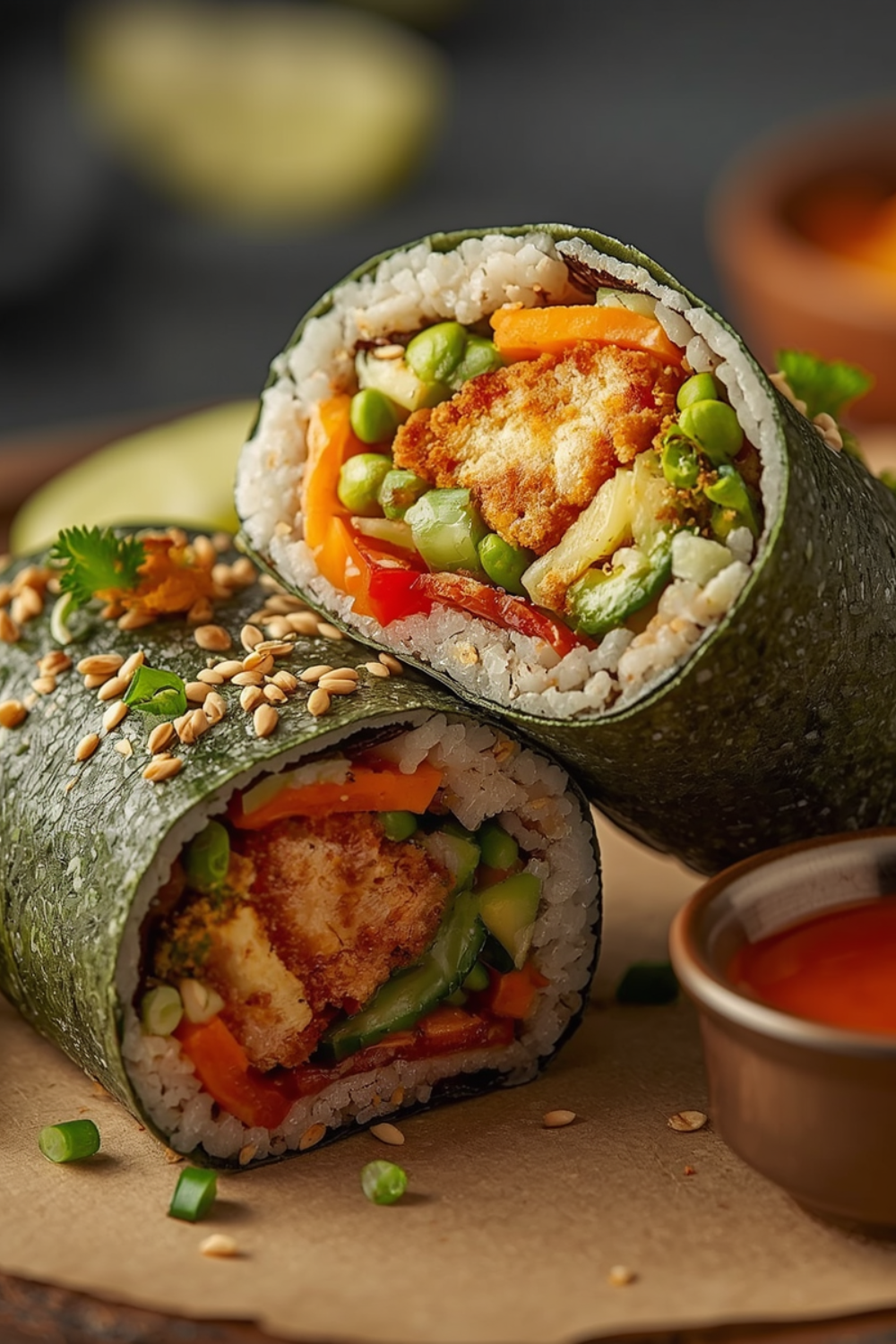 Sushi-Burrito mit Tofu – Nori, Sushi-Reis, Edamame & Spicy Mayo
